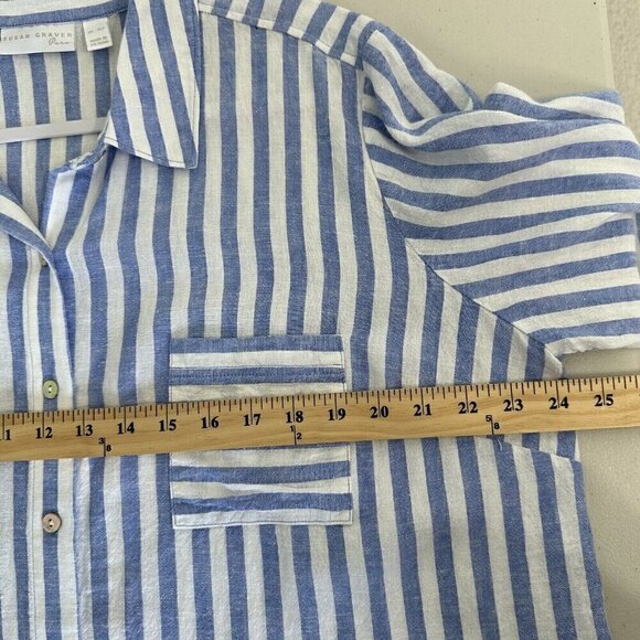 Susan Graver Linen Shirt Button up Striped Tie Sleeve XL Petite Blue White - Picture 10 of 11
